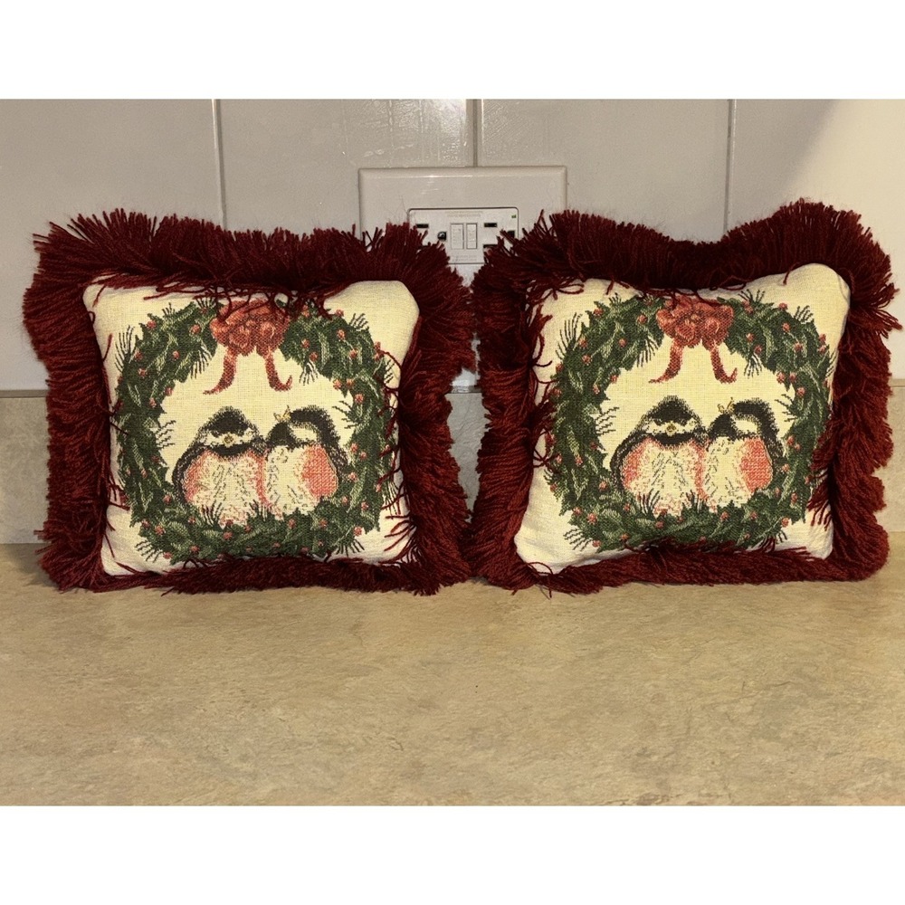 Riverdale Tapestry Throw Pillow Love Birds Fringe Christmas Vintage Lot Of 2